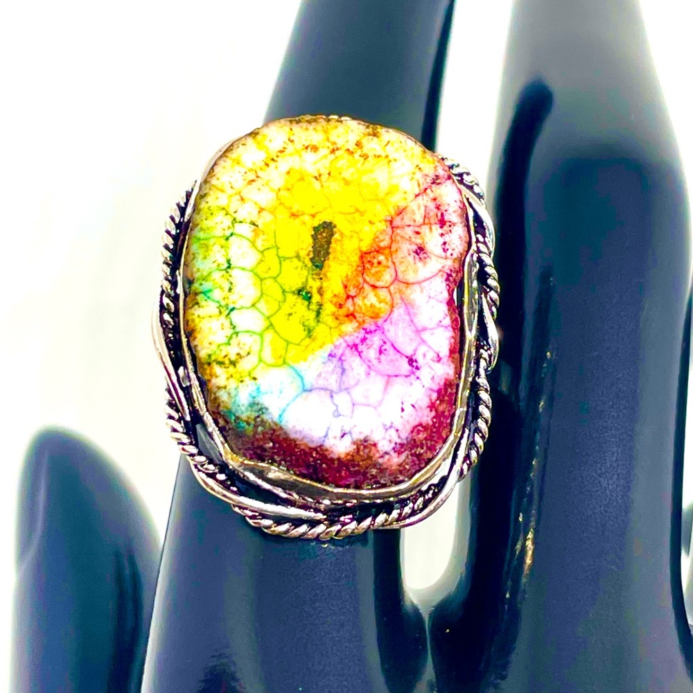 OOAK Vintage Handmade Rainbow Solar Quartz  Sliced Diopside Druzy Geode ring 7.5